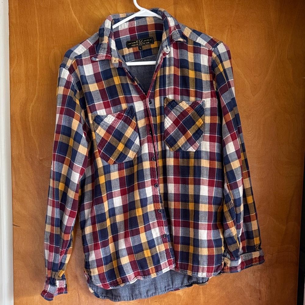 Plaid Button-Up flannel Shirt in Burgundy, Navy & Mustard. FSC brand from NY